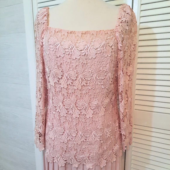 RARE VINTAGE union made blush pink lace maxi pleated dress sz 12 - Picture 4 of 9